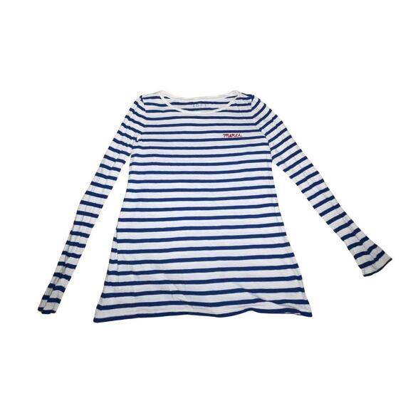 Loft Blue White Striped Long Sleeve Shirt Embroider Merci Harbor Nautical Paris - Picture 1 of 4